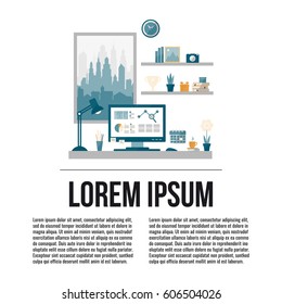Flat design of modern office interior with big window in minimalistic style and color. Home office. Vector illustration with place for your text. 