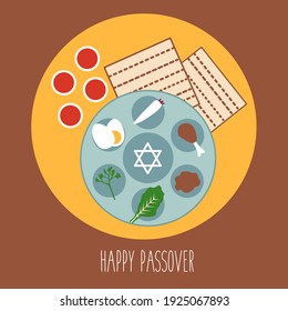 flat design modern Pesach lel seder kosher plate food. happy passover traditional set icon jewish holiday. symbol cartoon vector graphic. Judaism religion and matzo, matzah, matza, wine glass isolated