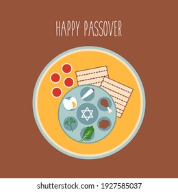 flat design modern Pesach lel seder kosher plate food. happy passover traditional set icon jewish holiday. symbol cartoon vector graphic. Judaism religion and matzo, matzah, matza, wine glass isolated