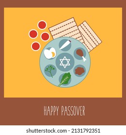 flat design modern Pesach lel seder kosher plate food. happy passover traditional set icon jewish holiday. symbol cartoon vector graphic. Judaism religion and matzo, matzah, matza, wine glass isolated