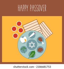 flat design modern Pesach lel seder kosher plate food. happy passover traditional set icon jewish holiday. symbol cartoon vector graphic. Judaism religion and matzo, matzah, matza, wine glass isolated