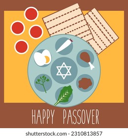 flat design modern Pesach lel seder kosher plate food. happy passover traditional set icon jewish holiday. symbol cartoon vector graphic. Judaism religion and matzo, matzah, matza, wine glass isolated