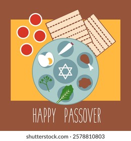 flat design modern Pesach lel seder kosher plate food. happy passover traditional set icon jewish holiday. symbol cartoon vector graphic. Judaism religion and matzo, matzah, matza, wine glass isolated