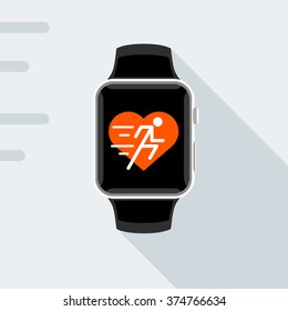 Flat design of modern smart watch with concept fitness app of heart and running man icon. Sports smartwatch vector illustration.