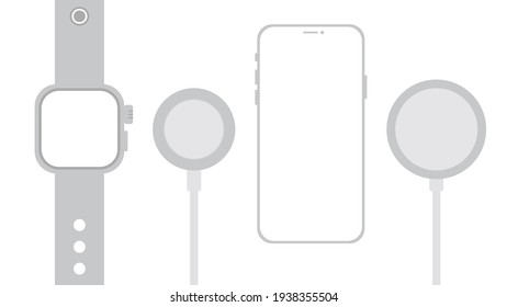 Diseño plano, smartphone moderno, reloj inteligente, cargador inalámbrico, icono de dispositivo inteligente cargador por cable aislado en fondo blanco.