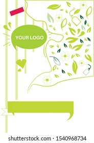 flat design modern tea poster, green tea and leaves vector isolated on white background