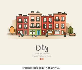 Flat design modern urban landscape and city life. Building people and trees. Vintage style. Vector illustration