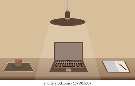 Flat design modern vector concept of creative office workspace. desk background laptop with coffee cup and note a pen Ceiling lamp digital devices office objects. books and documents