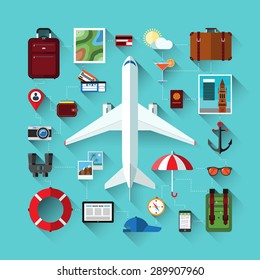 Flat design modern vector icons set of traveling on airplane, planning a summer vacation, tourism, journey in summer holidays. Travel objects and passenger luggage.