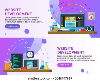 Flat design modern vector illustration concept. Business process Set of flat color banners design. Website development, Web design. Modern flat design 2018. Website Elements. Vector illustration
