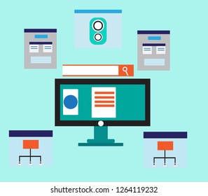 Flat design modern vector illustration concept of creative office workspace,responsive web design,Editorial content in multi-device platform,