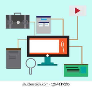 Flat design modern vector illustration concept of creative office workspace,responsive web design,Editorial content in multi-device platform,