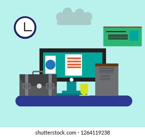 Flat design modern vector illustration concept of creative office workspace,responsive web design,Editorial content in multi-device platform,