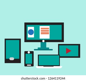 Flat design modern vector illustration concept of creative office workspace,responsive web design,Editorial content in multi-device platform,