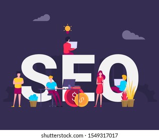 Flat design modern vector illustration concept of SEO word combined from elements and icons which symbolized a success internet searching optimization process. Concept with people, letters and icons. 