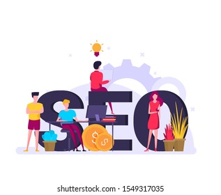 Flat design modern vector illustration concept of SEO word combined from elements and icons which symbolized a success internet searching optimization process. Concept with people, letters and icons. 