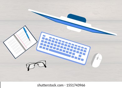 Flat design modern vector illustration concept of creative office workspace, workplace. Top view of desk background with laptop, digital devices, office objects