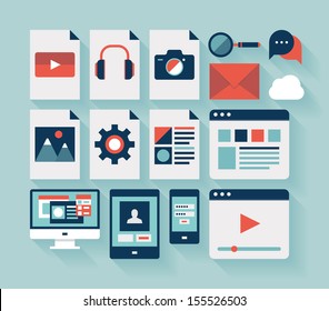 Flat design modern vector illustration icons set of user interface, computing technology and mobile devices with long shadow effect. Isolated on stylish turquoise background.