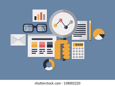 Flat design modern vector illustration icons set of web analytics information and development website statistic. Isolated on dark blue background. 