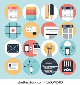 Flat design modern vector illustration icons set of web development process, mobile interface design application and graphic design sketching objects. Isolated on stylish turquoise background.