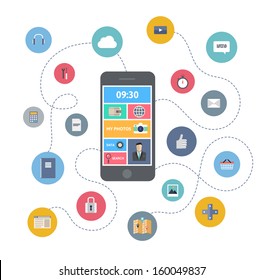 Flat design modern vector illustration infographic concept of variety using of smartphone with lots of multimedia icons and stylish mobile user interface on the phone. Isolated on white background.