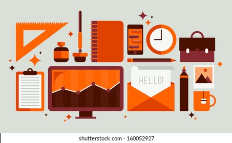 Flat design modern vector illustration icons set of style office workflow equipment with various office tools and business objects for personnel to work. Isolated on stylish olive background 