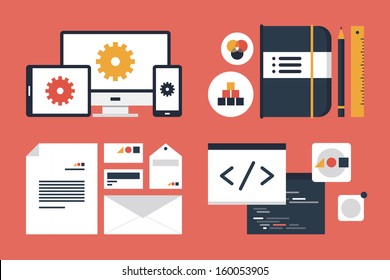 Flat design modern vector illustration icons set of abstract business branding and development web page, application programming code. Isolated on red background 