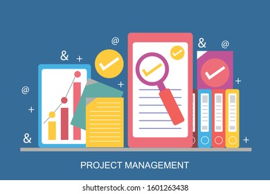 Flat design modern vector illustration concept of project management with blue background
