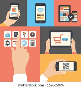 Flat design modern vector illustration icons in stylish colors of hand touch screen with business icons, mobile phone scanning qr-code, online purchase on digital tablet and wireless e-commerce usage.