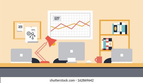 Flat design modern vector illustration of stylish workspace interior for team collaboration or people co-working space with office objects, equipment and modern devices. 