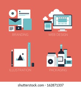 Flat Design Modern Vector Illustration Icons Set Of Brand Identity Style, Web And Mobile Design, Illustration Objects And Packaging Design For Company Branding. Isolated On Stylish Red Background. 