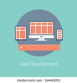 Flat design modern vector illustration poster concept of web programming development and responsive website process design optimization on computer and mobile devices. Isolated on stylish background