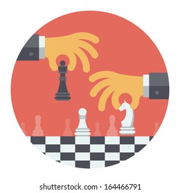 Flat design modern vector illustration concept of two business people playing chess and try to find strategic position and tactic for long-term success plan or goal. Isolated on white background