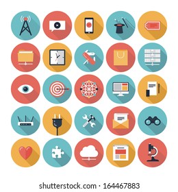 Flat design modern vector illustration icons set of SEO website searching optimization and technology development object and equipment in stylish colors. Isolated on white background 