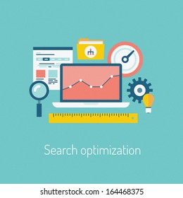 Flat design modern vector illustration poster of the SEO website searching optimization process with web page, laptop and other icons. Isolated on stylish color background