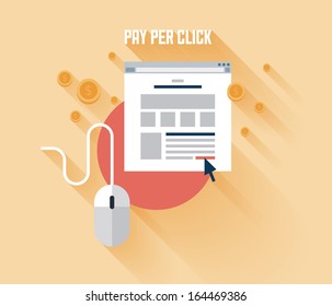 Flat Design Modern Vector Illustration Concept Of Pay Per Click Internet Advertising Model When The Ad Is Clicked. Isolated On Stylish Background