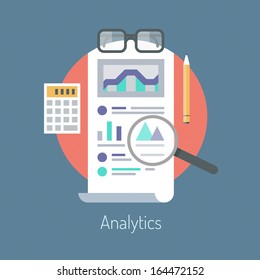 Flat design modern vector illustration concept of poster on analytics research information and website data statistics. Isolated on stylish color background.