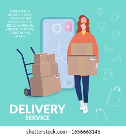 Flat design modern vector illustration of a woman holds a parcel box, a mobile phone with map, gps tag and strollers on a teal background. Online delivery service concept.