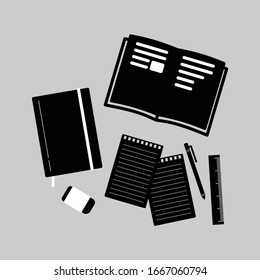 Flaches Design Moderne Vektorillustration Illustration Konzept von Teamwork, Arbeitsplatz Desktop Hintergrund. Draufsicht von Tisch, Notizblock.
