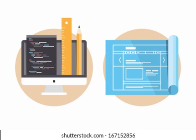 Flat design modern vector illustration icons set of website programming and coding, web page blueprint and development project process. Isolated on white background