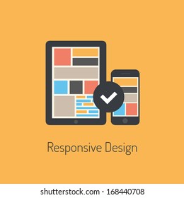 Flat design modern vector illustration concept of fully responsive user interface on digital tablet and mobile phone. Isolated on stylish colored background