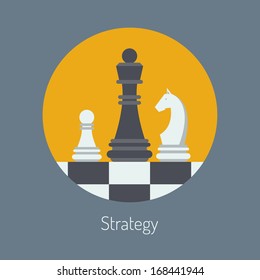 Flat design modern vector illustration concept of business strategy with chess figures on a chess board. Isolated in round shape on stylish color background