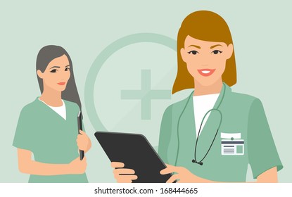 Flat design modern vector illustration of two young women in medical uniform, nurse and doctor with digital tablet and patient document in hands looking with smiles. Isolated on stylish background.