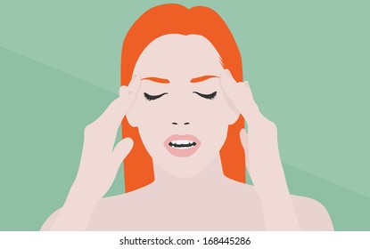 Flat design modern vector illustration concept of young girl with hands on face suffering from headache or migraine pain. Isolated on stylish color background.