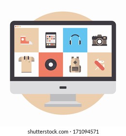 Flat Design Modern Vector Illustration Concept Of Designer Portfolio Website With Various Icons Or Online Shopping Web Store For Purchasing Product Via Internet. Isolated On White Background.