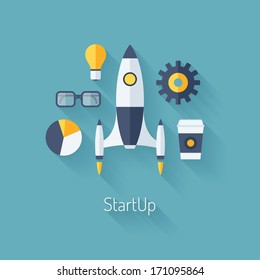 Flat design modern vector illustration concept of new business project startup development and launch a new innovation product on a market. Isolated on stylish color background