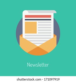 Flat design modern vector illustration concept of regularly distributed news publication via e-mail with some topics of interest to its subscribers. Isolated on stylish color background. 