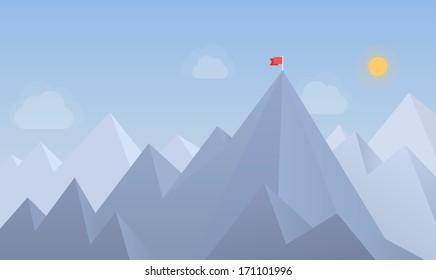 Flat design modern vector illustration concept with copy space of flag on the mountain peak, meaning overcoming difficulties, goal achievement, winning strategy with focus on results.