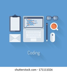 Flat design modern vector illustration concept of process web page coding and programming on laptop with workflow objects and icons. Isolated on stylish blue background 