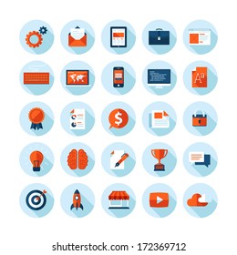 Flat design modern vector illustration icons set of web design, seo, business and marketing items. Icons with long shadow in stylish colors, isolated on white.    